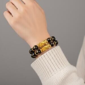 Pair Unisex Bracelet Lucky Chinese Dragon Charm Black Beaded GoldPlated Stretch